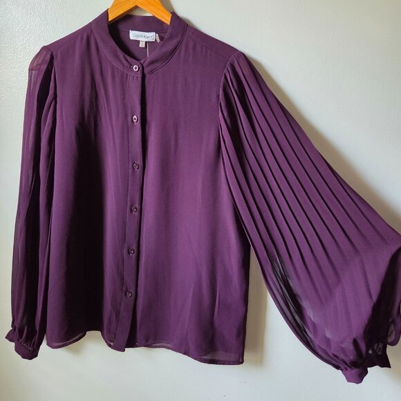 NWT CALVIN KLEIN AUBERGINE CHINESE COLLAR PLEATED /ACCORDION PUFFED SLEEVES SZ S - Picture 1 of 13